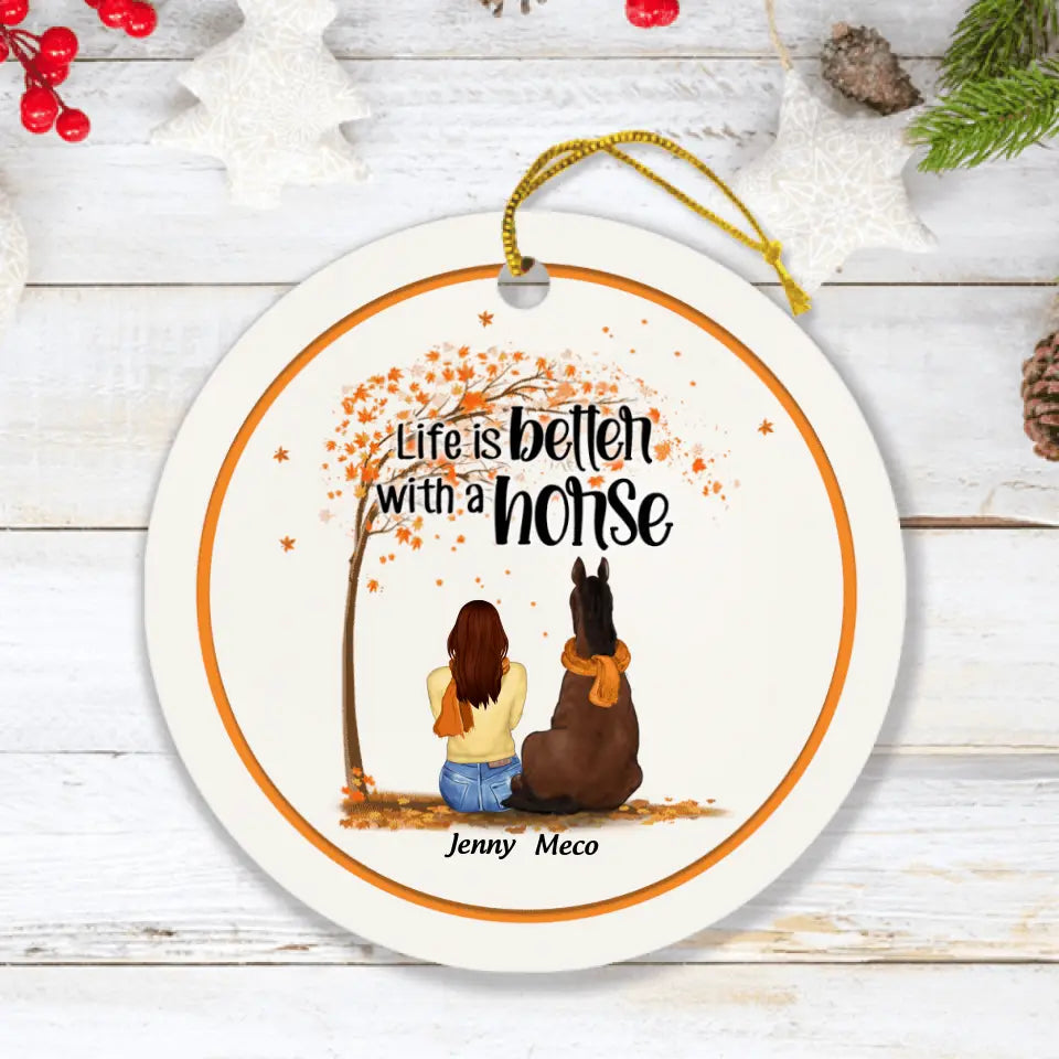 Personalized Horse Mom In Autumn Ornament - Girl With Up to 3 Horses - Best Gift For Horse Lover - Life Is Better With Horses