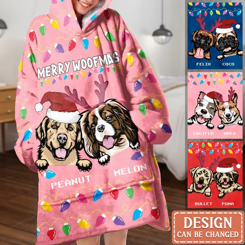 Personalized Dog Mom Multicolor Blanket Hoodie - Up to 3 Dogs - Christmas Gift Idea For Dog Mom - Merry Woofmas
