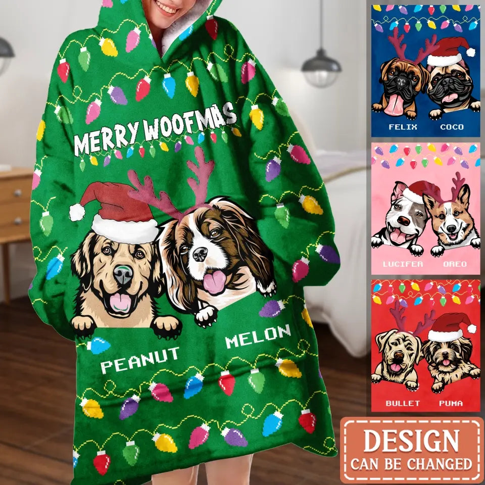 Personalized Dog Mom Multicolor Blanket Hoodie - Up to 3 Dogs - Christmas Gift Idea For Dog Mom - Merry Woofmas