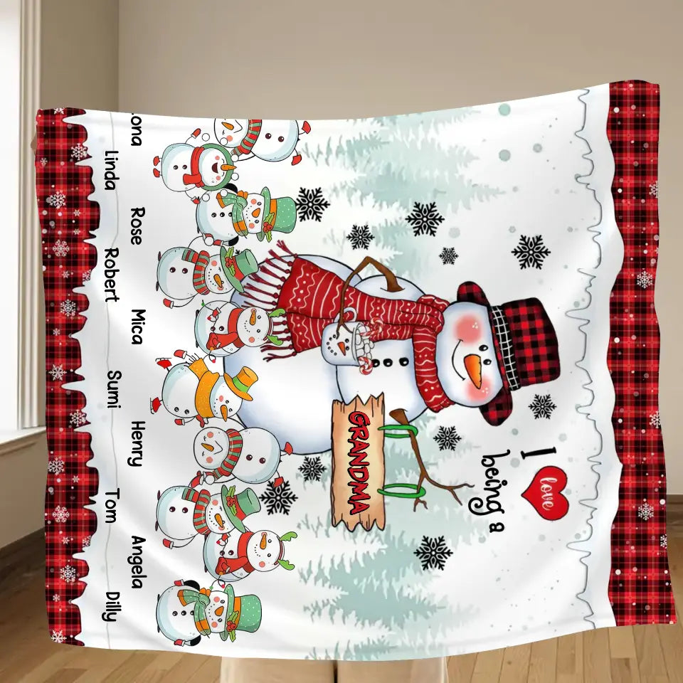 Personalized Christmas Snowman Grandma Quilt/Fleece Throw Blanket - Up to 10 Grandkids - Christmas Gift Idea For Grandma - I Love Being A Grandma