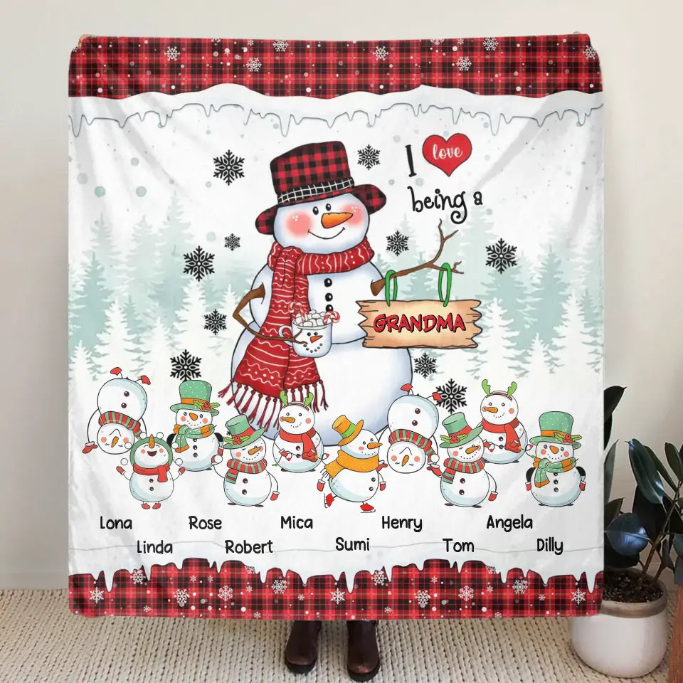 Personalized Christmas Snowman Grandma Quilt/Fleece Throw Blanket - Up to 10 Grandkids - Christmas Gift Idea For Grandma - I Love Being A Grandma