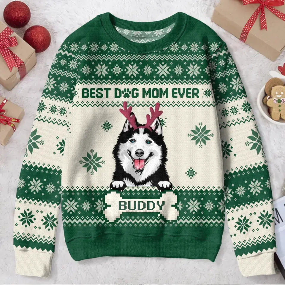 Personalized Dog Mom All-Over Print Sweater - Up to 4 Dogs - Christmas Gift For Dog Lover - Best Dog Mom Ever