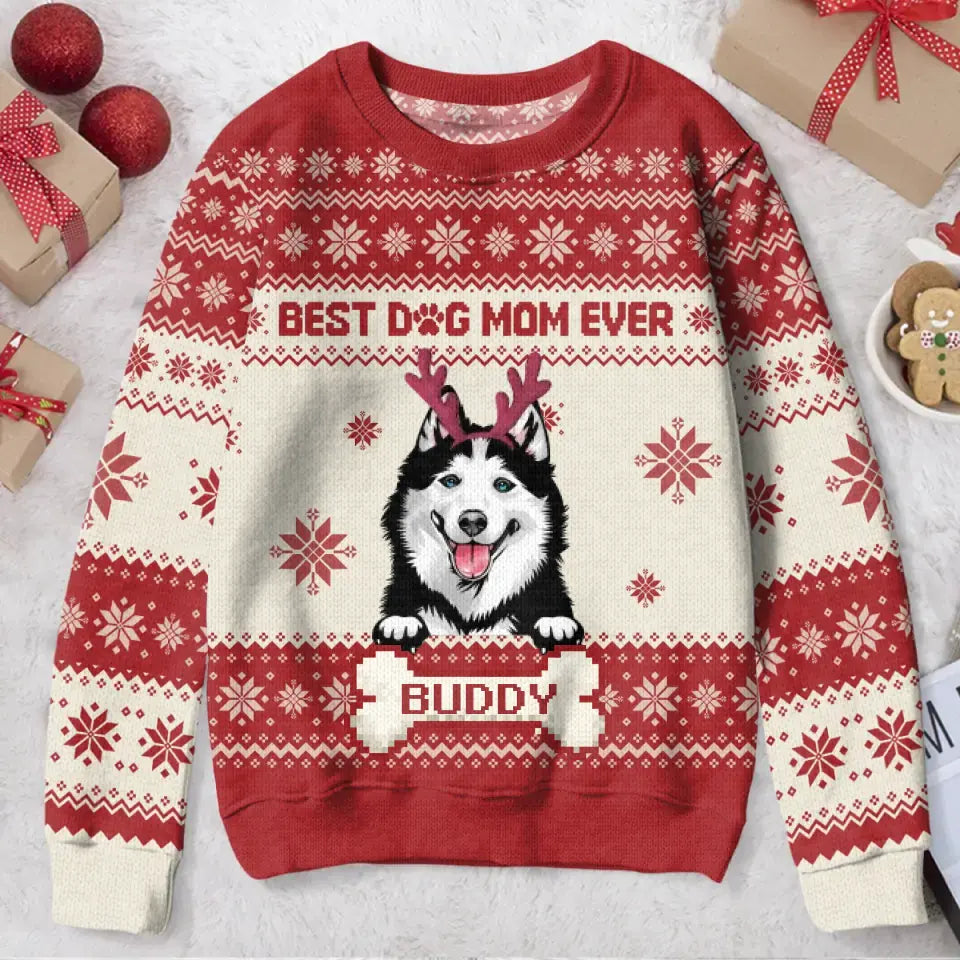 Personalized Dog Mom All-Over Print Sweater - Up to 4 Dogs - Christmas Gift For Dog Lover - Best Dog Mom Ever