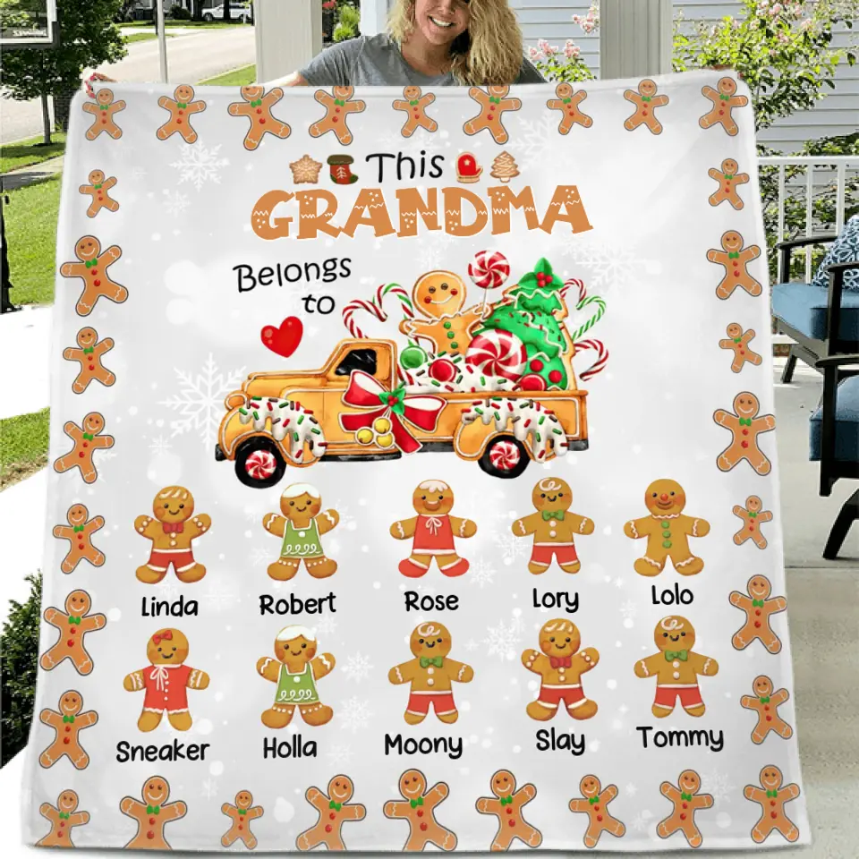Personalized Christmas Gingerbread Grandma Quilt/Fleece Throw Blanket - Up to 10 Grandkids - Christmas Gift Idea For Grandma - This Grandma Belongs To
