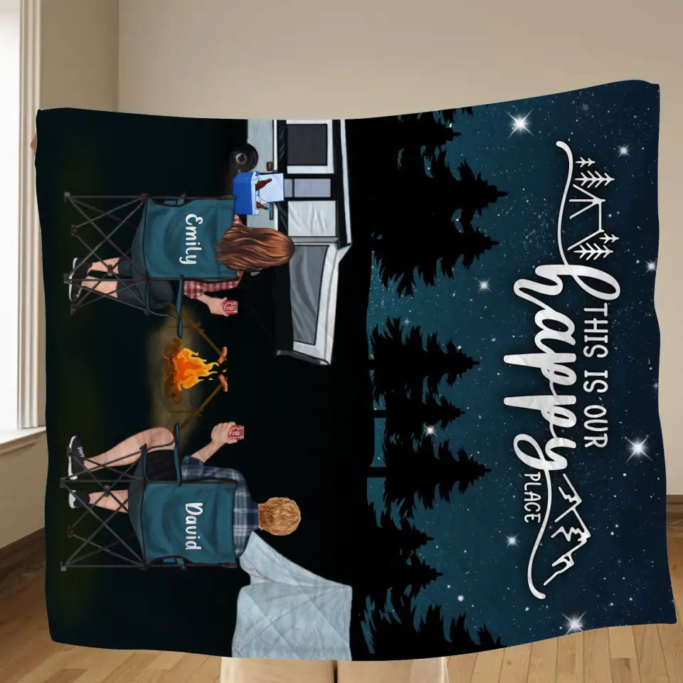Personalized Camping Family Quilt/Fleece Throw Blanket - Gift Idea For Camping Lover/Couple/Family - This Is Our Happy Place