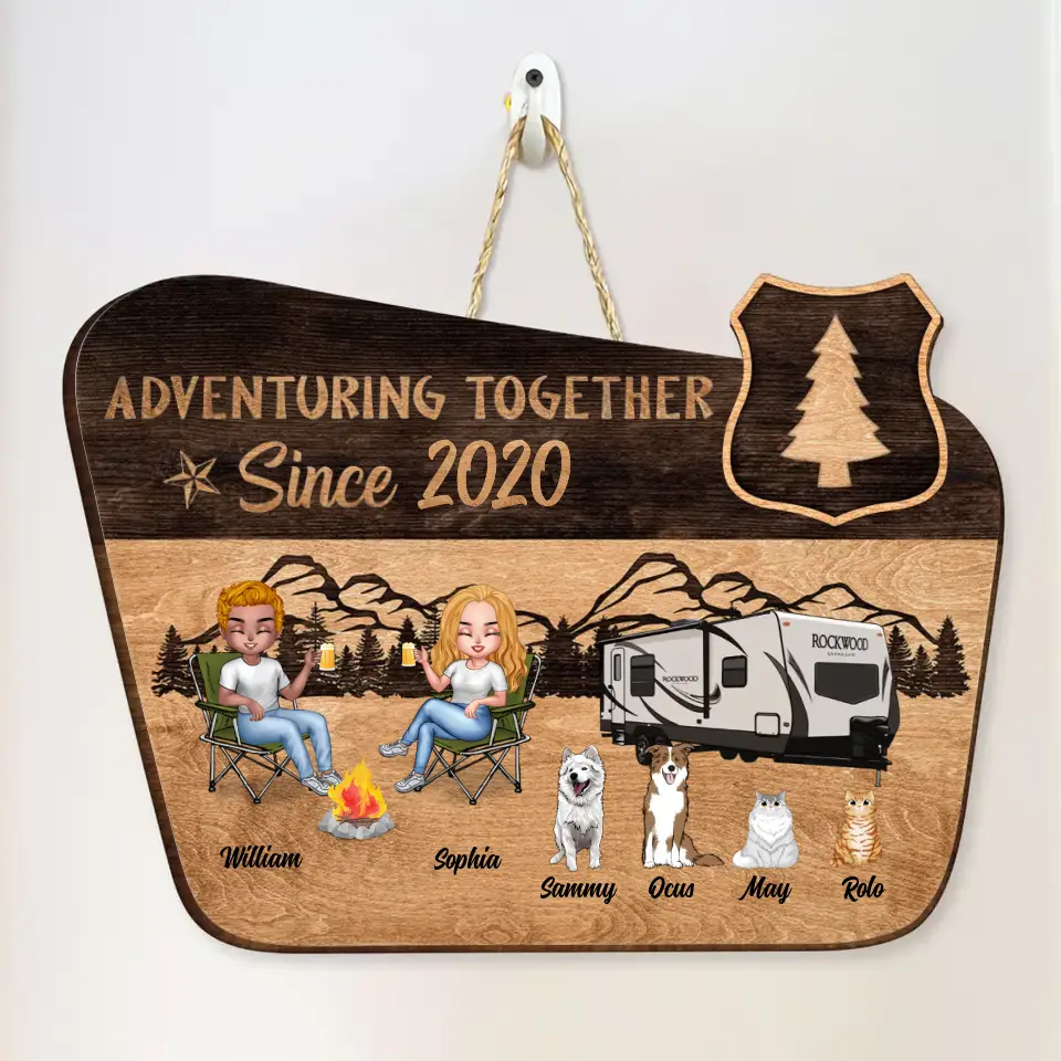 Personalized Camping Door Sign - Gift for Camping Lovers - Couple and Up to 4 Pets - Adventuring Together