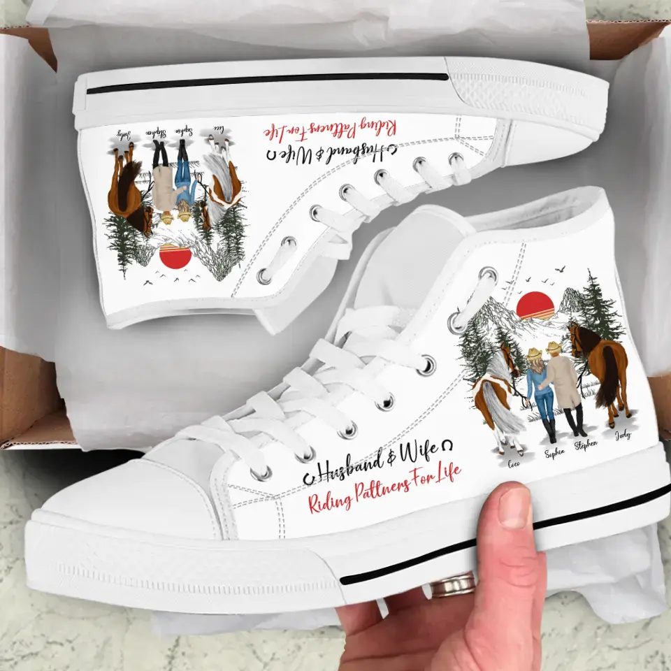 Personalized Riding Couple High Top Canvas Shoes - Gift Idea For Couple/Him/Her/Valentine's Day - Husband & Wife Riding Partners For Life