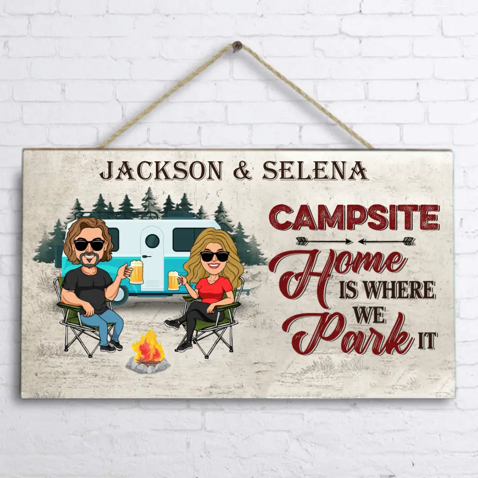 Personalized Camping Couple Rectangle Wooden Sign - Couple With Up to 4 Dogs - Gift Idea For Couple/Camping Lover - Home Is Where We Park It