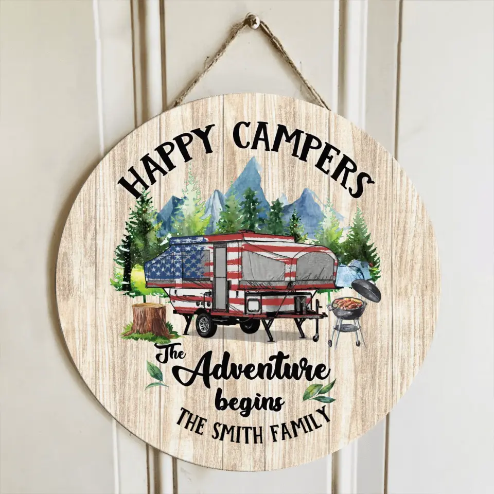Personalized Camper Circle Door Sign - Gift Idea For Camping Lovers/Family - Happy Campers The Adventure Begins
