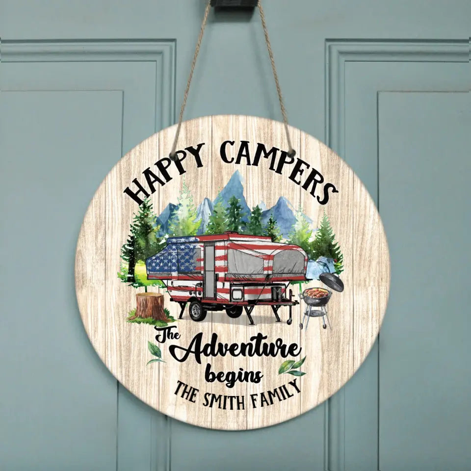 Personalized Camper Circle Door Sign - Gift Idea For Camping Lovers/Family - Happy Campers The Adventure Begins