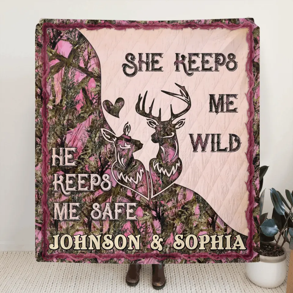 Personalized Couple Quilt/Fleece Throw Blanket - Gift Idea For Couple/Husband/Wife/Valentine's Day - She Keeps Me Wild