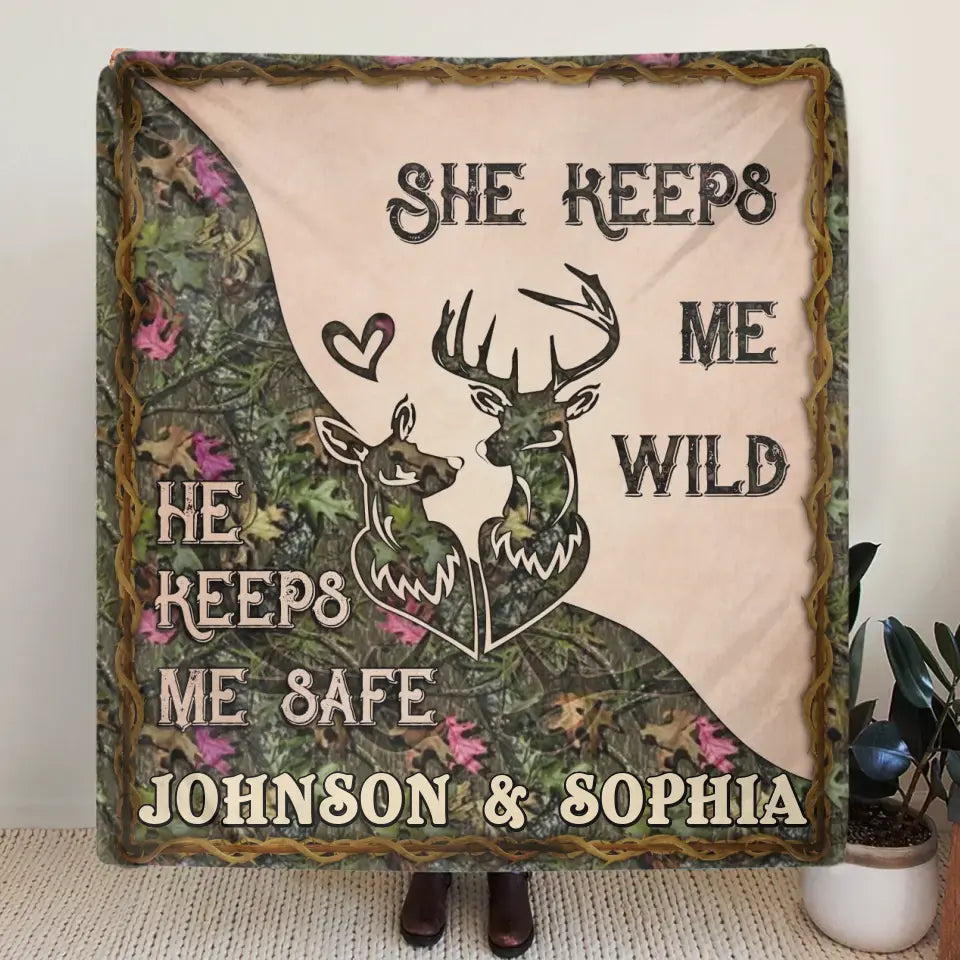 Personalized Couple Fleece Throw Blanket & Quilt - Valentine's Day Gift Idea For Couple/Him & Her - She Keeps Me Wild