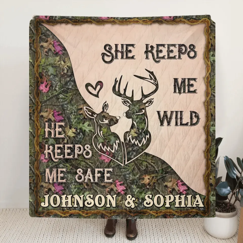Personalized Couple Fleece Throw Blanket & Quilt - Valentine's Day Gift Idea For Couple/Him & Her - She Keeps Me Wild