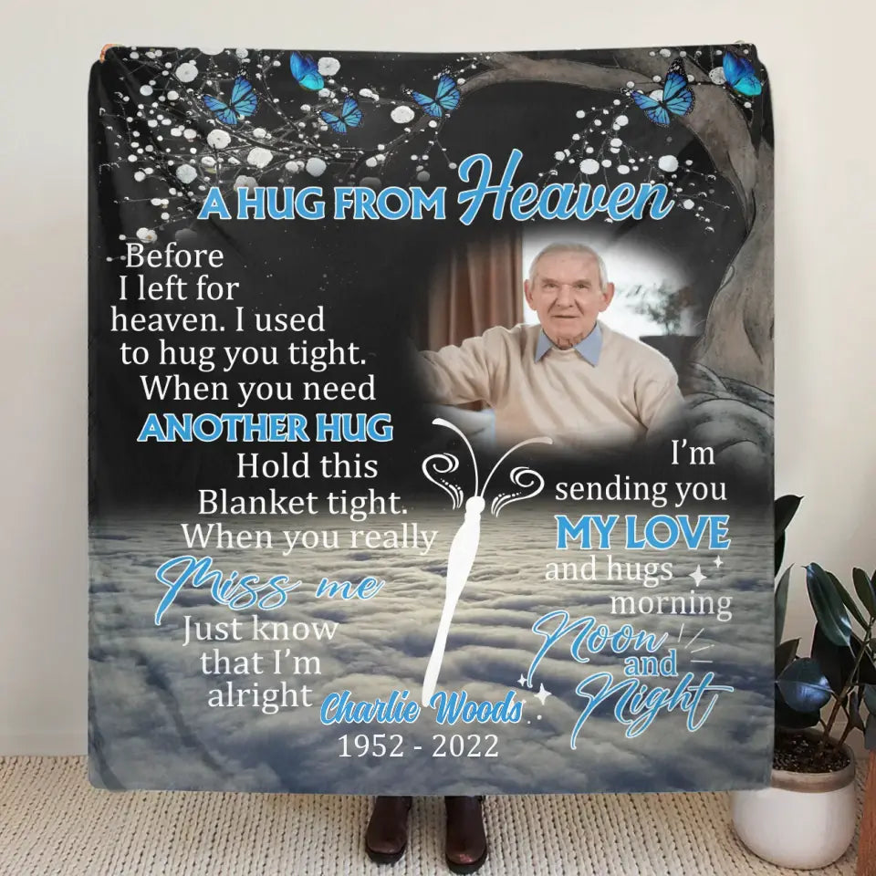 Personalized Memorial Quilt/Fleece Throw Blanket - Upload Photo - Memorial Gift Idea For Family Member - A Hug From Heaven