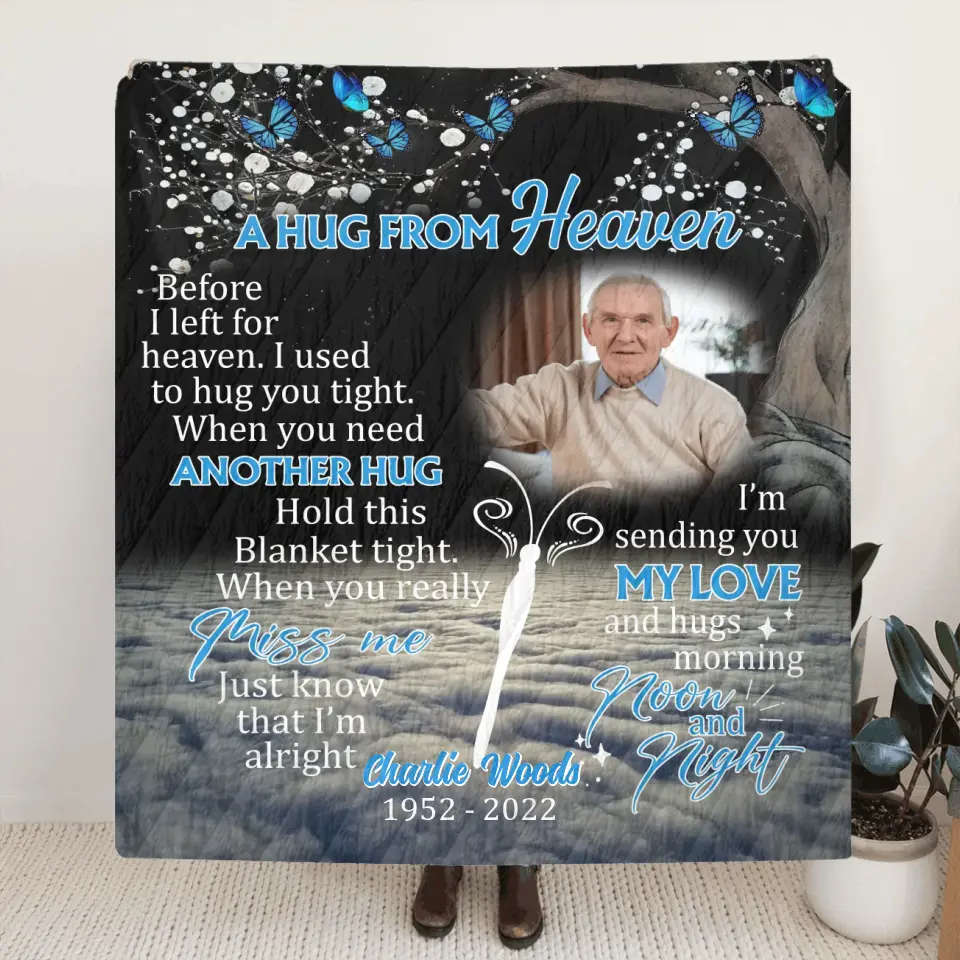 Personalized Memorial Quilt/Fleece Throw Blanket - Upload Photo - Memorial Gift Idea For Family Member - A Hug From Heaven