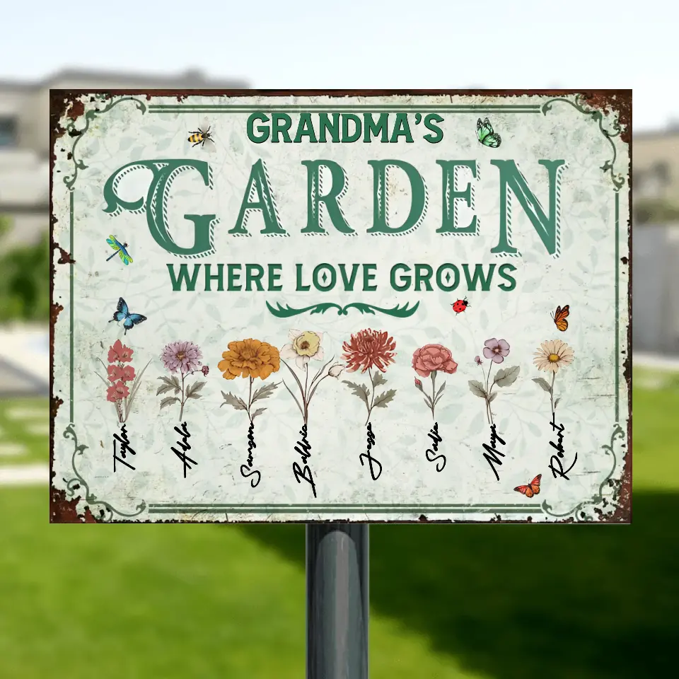 Personalized Grandma's Garden Metal Sign - Mother's Day Gift Idea For Grandma/Mother - Up to 8 Kids - Where Love Grows