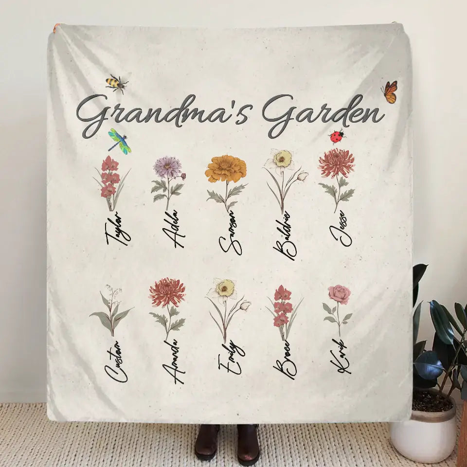 Personalized Grandma's Garden Fleece Throw Blanket/Quilt - Mother's Day Gift Idea For Grandma/Mother - Up to 10 Kids