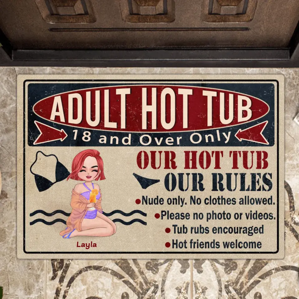 Personalized Adult Hot Tub Doormat - Gift Idea For Beach Girl/Friends - Our Hot Tub Our Rules