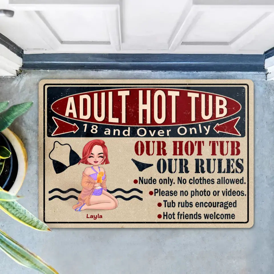 Personalized Adult Hot Tub Doormat - Gift Idea For Beach Girl/Friends - Our Hot Tub Our Rules
