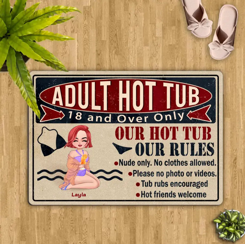 Personalized Adult Hot Tub Doormat - Gift Idea For Beach Girl/Friends - Our Hot Tub Our Rules