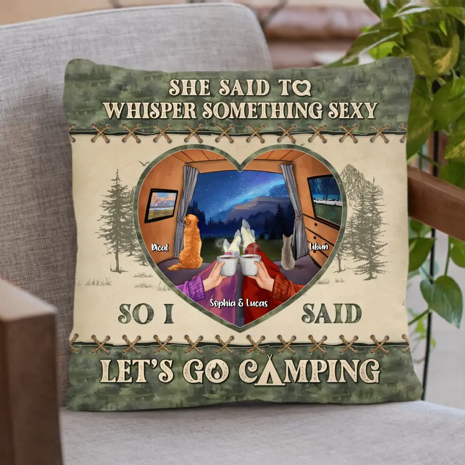 Personalized Couple Pillow Cover/Quilt/Fleece Throw Blanket - Couple With Up to 2 Pets - Gift Idea For Couple/Camping Lover - Let's Go Camping