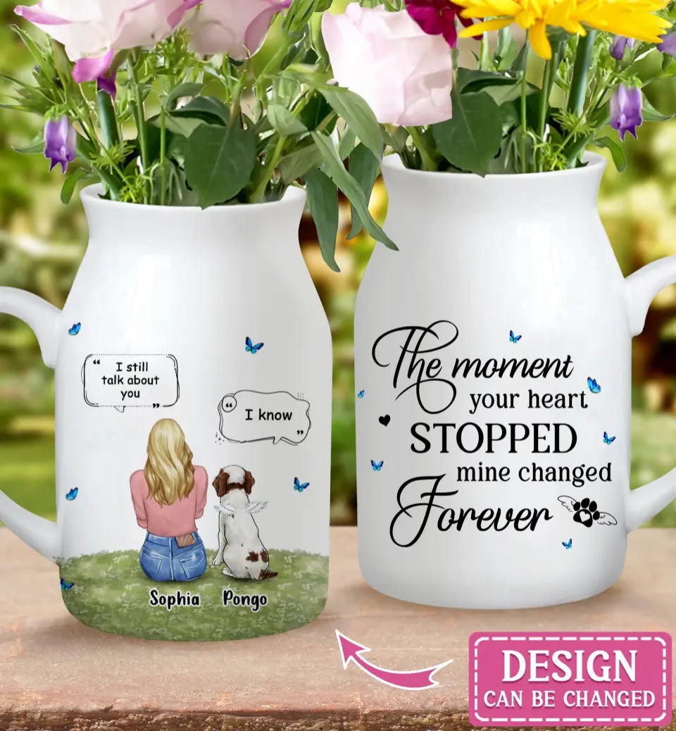 Personalized Memorial Pet Ceramic Flower Vase - Couple With Up to 2 Kids And 4 Pets - Memorial Gift Idea For Pet Lover - The Moment Your Heart Stopped Mine Changed Forever