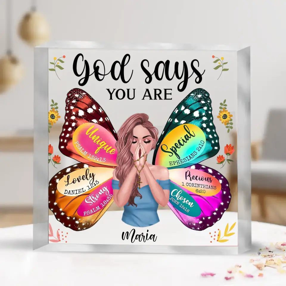 Personalized Prayer Square Acrylic Plaque -  Christian Gifts - God Says You Are Unique Special Lovely Precious