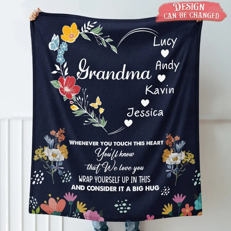 Personalized Grandma Heart Fleece Throw Blanket/Quilt - Up to 8 Grandkids - Gift Idea For Grandma/Mother's Day - Touch This Heart