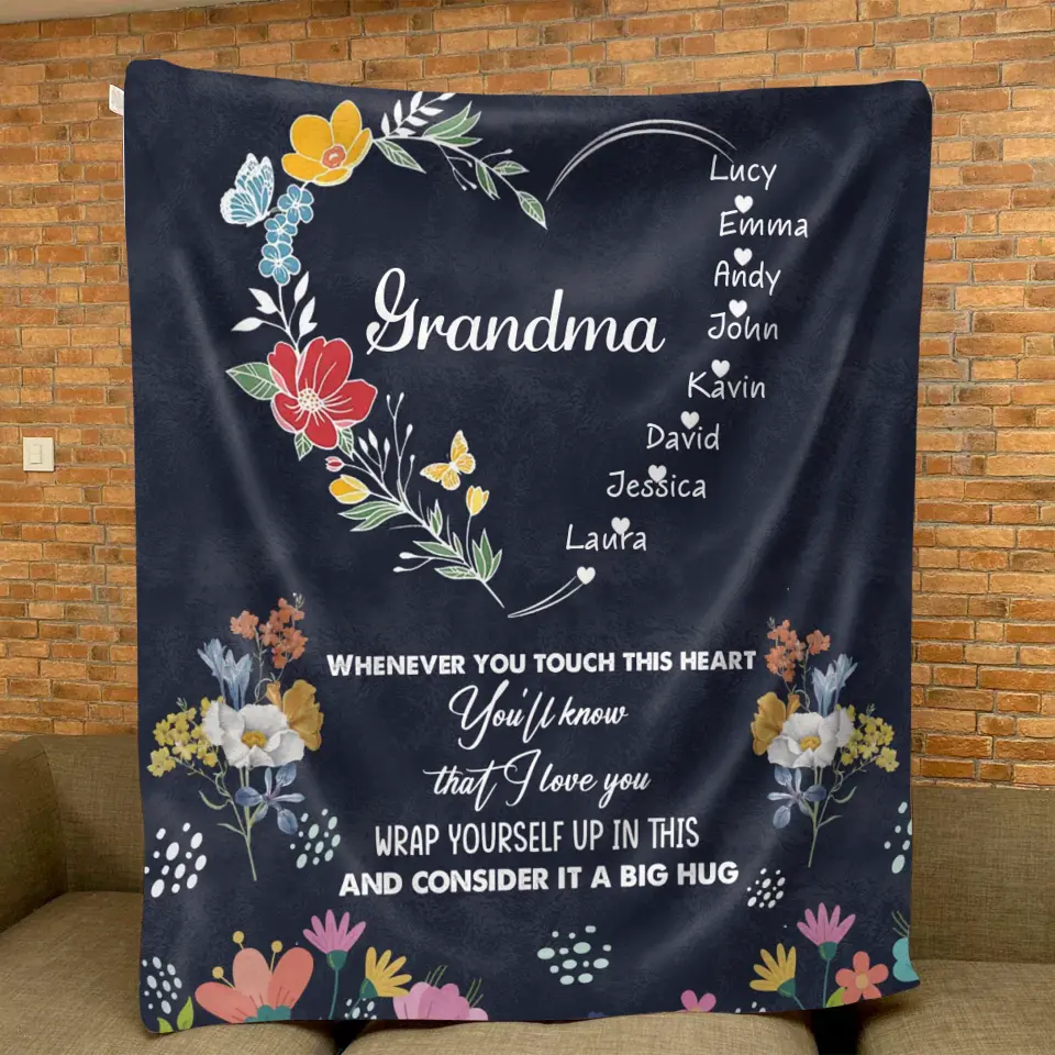 Personalized Grandma Heart Fleece Throw Blanket/Quilt - Up to 8 Grandkids - Gift Idea For Grandma/Mother's Day - Touch This Heart