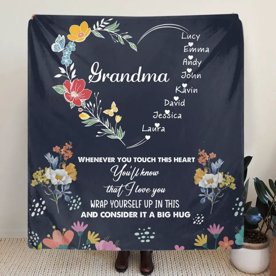 Personalized Grandma Heart Fleece Throw Blanket/Quilt - Up to 8 Grandkids - Gift Idea For Grandma/Mother's Day - Touch This Heart