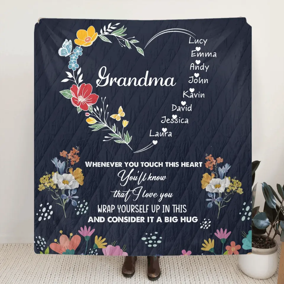 Personalized Grandma Heart Fleece Throw Blanket/Quilt - Up to 8 Grandkids - Gift Idea For Grandma/Mother's Day - Touch This Heart