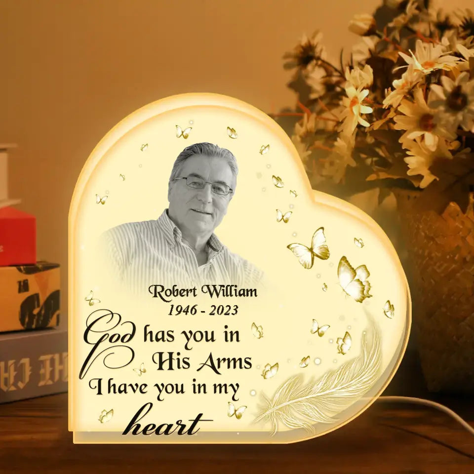 Personalized Memorial Dad Heart Photo Light Box - Memorial Gift Idea For Family Member - God Has You In His Arms I Have You In My Heart