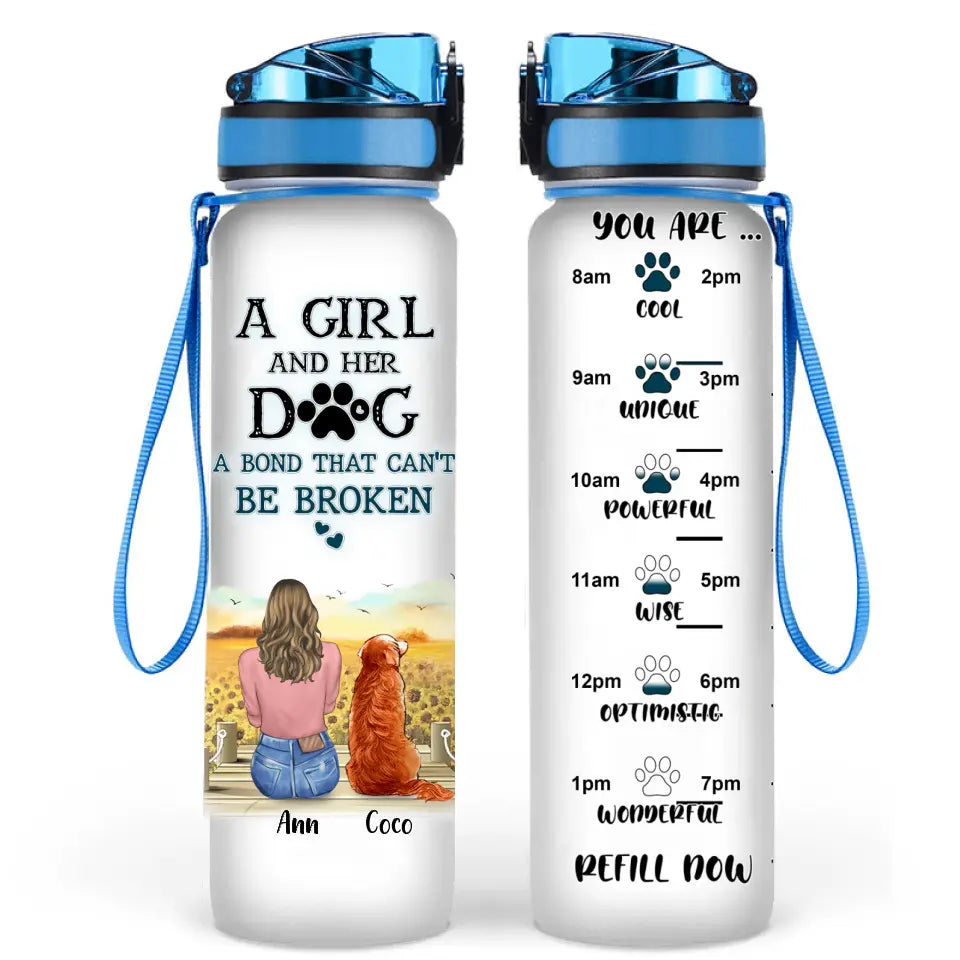 Personalized Dog Mom Tracker Bottle - Up to 4 Dogs - Gift Idea For Dog Lovers - A Girl And Her Dog A Bond That Can't Be Broken