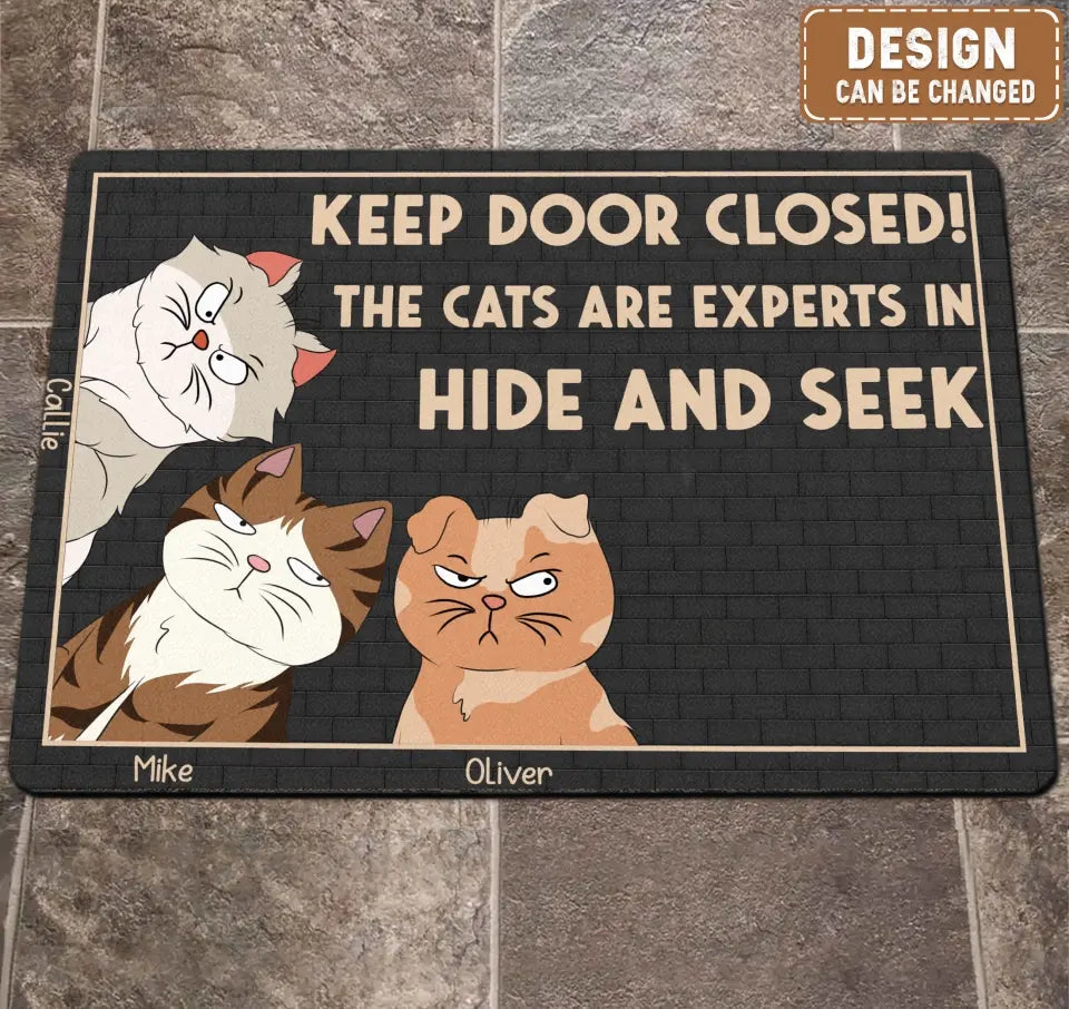 Personalized Cat Doormat - Up to 6 Cats - Gift Idea For Cat Lover - Keep Door Closed! The Cats Are Experts In Hide And Seek