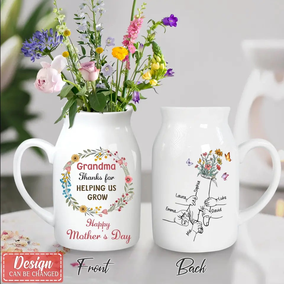 Personalized Grandma's Garden Ceramic Flower Vase - Up to 10 Kids - Mother's Day Gift Idea For Grandma/Mom - Thank You For Helping Us Grow