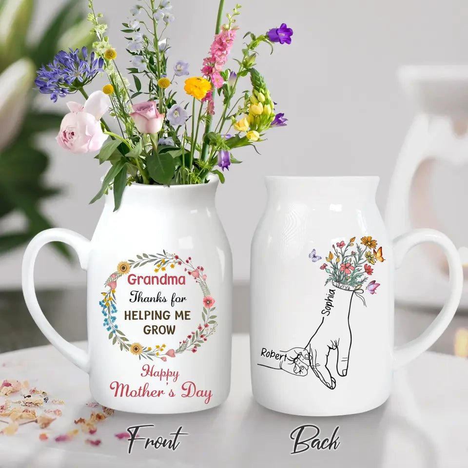 Personalized Grandma's Garden Ceramic Flower Vase - Up to 10 Kids - Mother's Day Gift Idea For Grandma/Mom - Thank You For Helping Us Grow