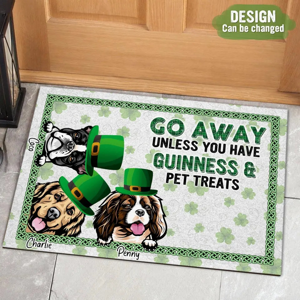 Personalized St Patrick's Day Dog Doormat - Up to 7 Dogs - Gift Idea For St Patrick's Day/Dog Lover - Go Away Unless You Have Guinness & Pet Treats