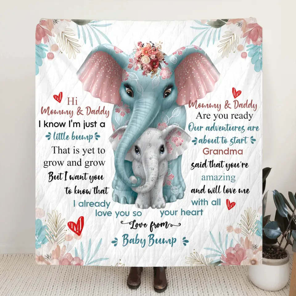 Personalized Elephant Quilt/Fleece Throw Blanket - Gift Idea For New Dad/Mom - Love From Baby Bump