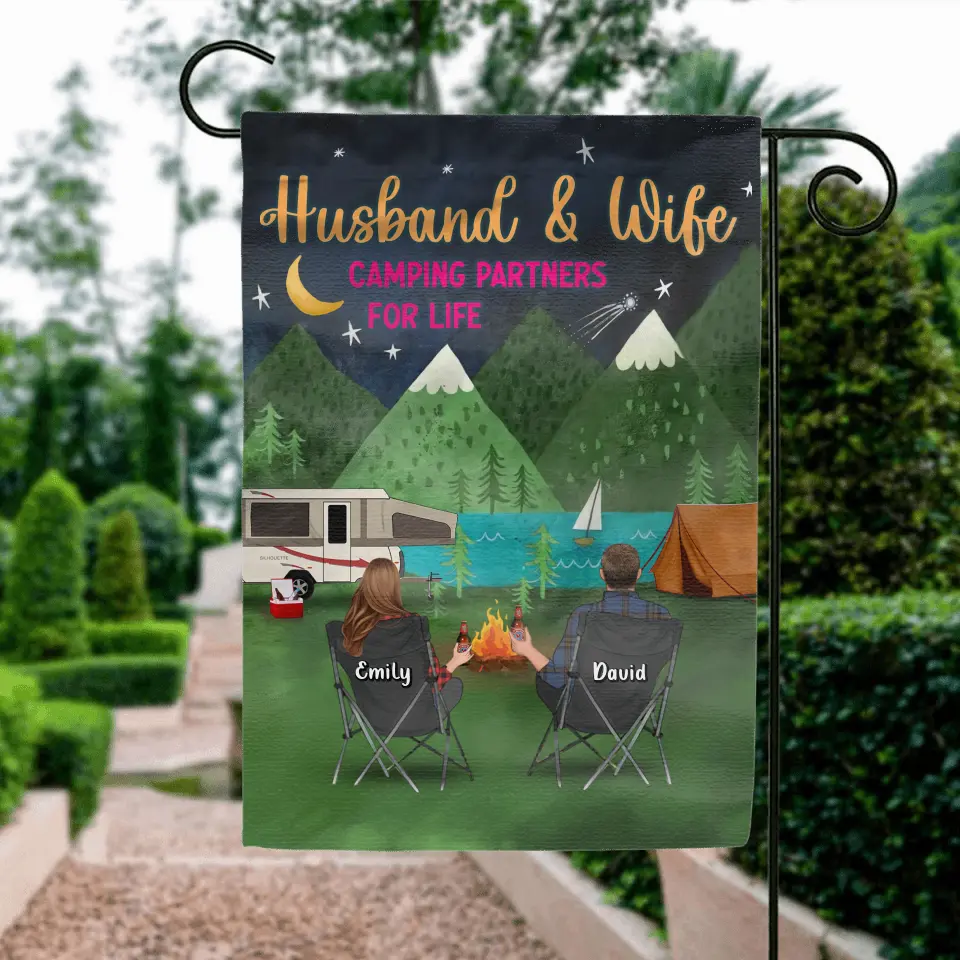 Personalized Camping Flag Sign - Gift Idea For Family/Camping Lover - Couple/Parents/Single Parent With Up to 5 Kids And 4 Pets - Husband & Wife Camping Partners For Life
