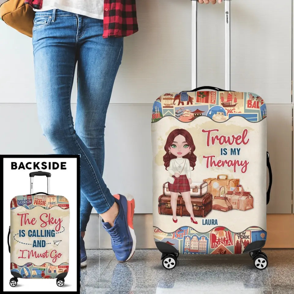 Personalized Traveling Girl Suitcase Luggage Cover - Gift For Girl/Traveling Lovers - Travel Is My Therapy