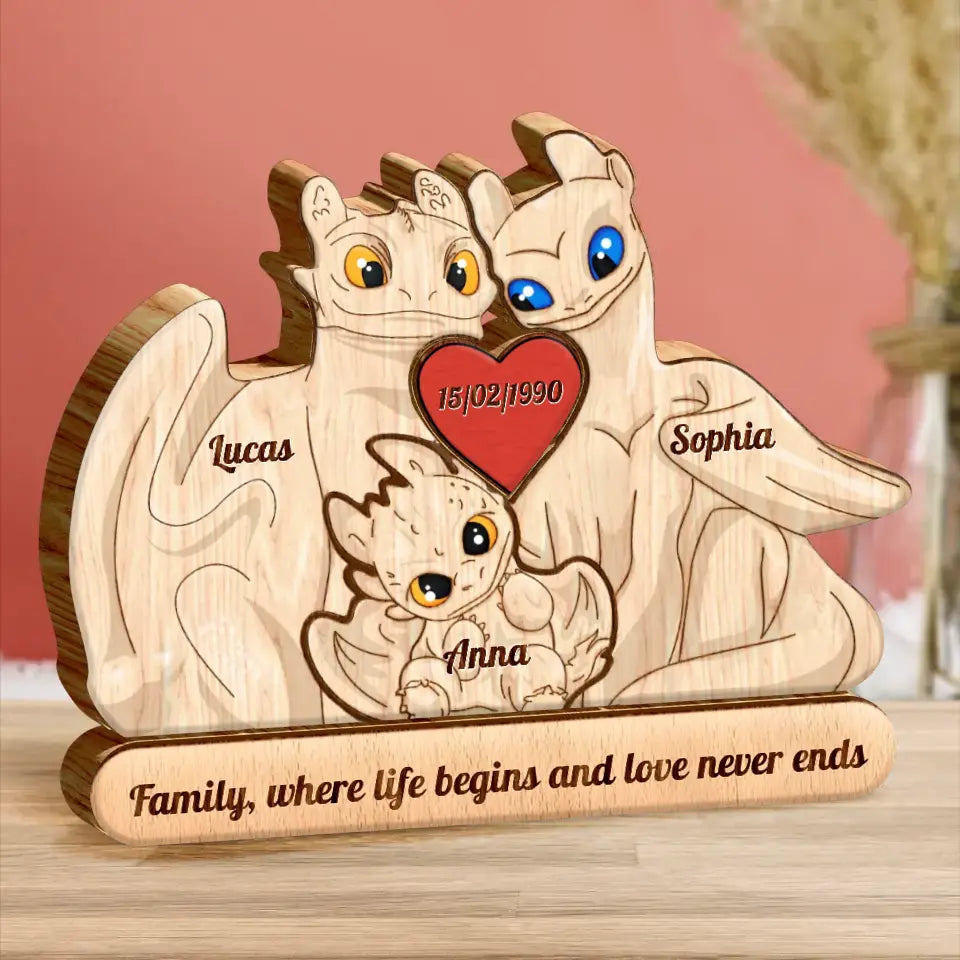 Personalized Dragon Family Wooden Puzzle - Parents with up to 3 Children - Gift Idea For Mother's Day/Father's Day