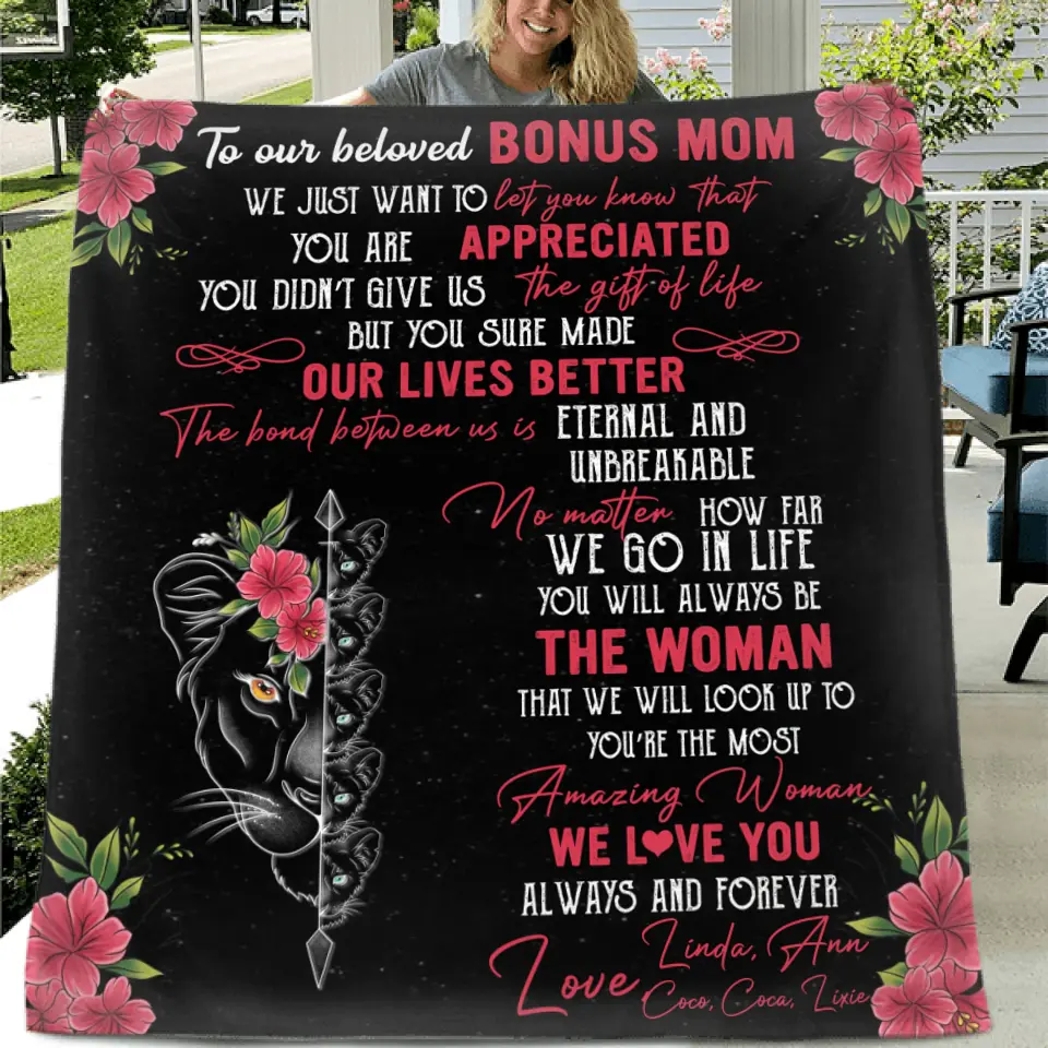 Personalized Mom & Children Quilt/Fleece Throw Blanket - Mother's Day Gift Idea To Mom - Up to 5 Children - To Our Beloved Bonus Mom