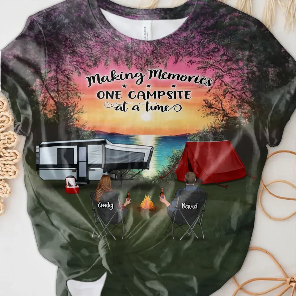 Personalized Camping AOP T-Shirt - Couple/Parents With Pets And Kids - Gift For Camping Lover/Couple/Family - Making Memories One Campsite At A Time