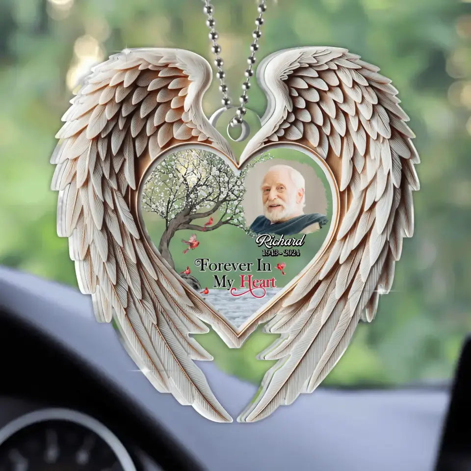 Personalized Memorial Wings Acrylic Car Ornament - Memorial Gift Idea For Family Member/Pet Lover - Upload Photo - Forever In My Heart