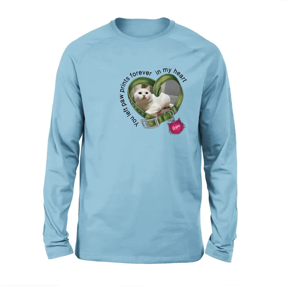 Personalized Memorial Cat Collar T-shirt/Hoodie - Upload Photo - Gift Idea For Cat Lover/Mother's Day/Father's Day - You Left Paw Prints Forever In My Heart