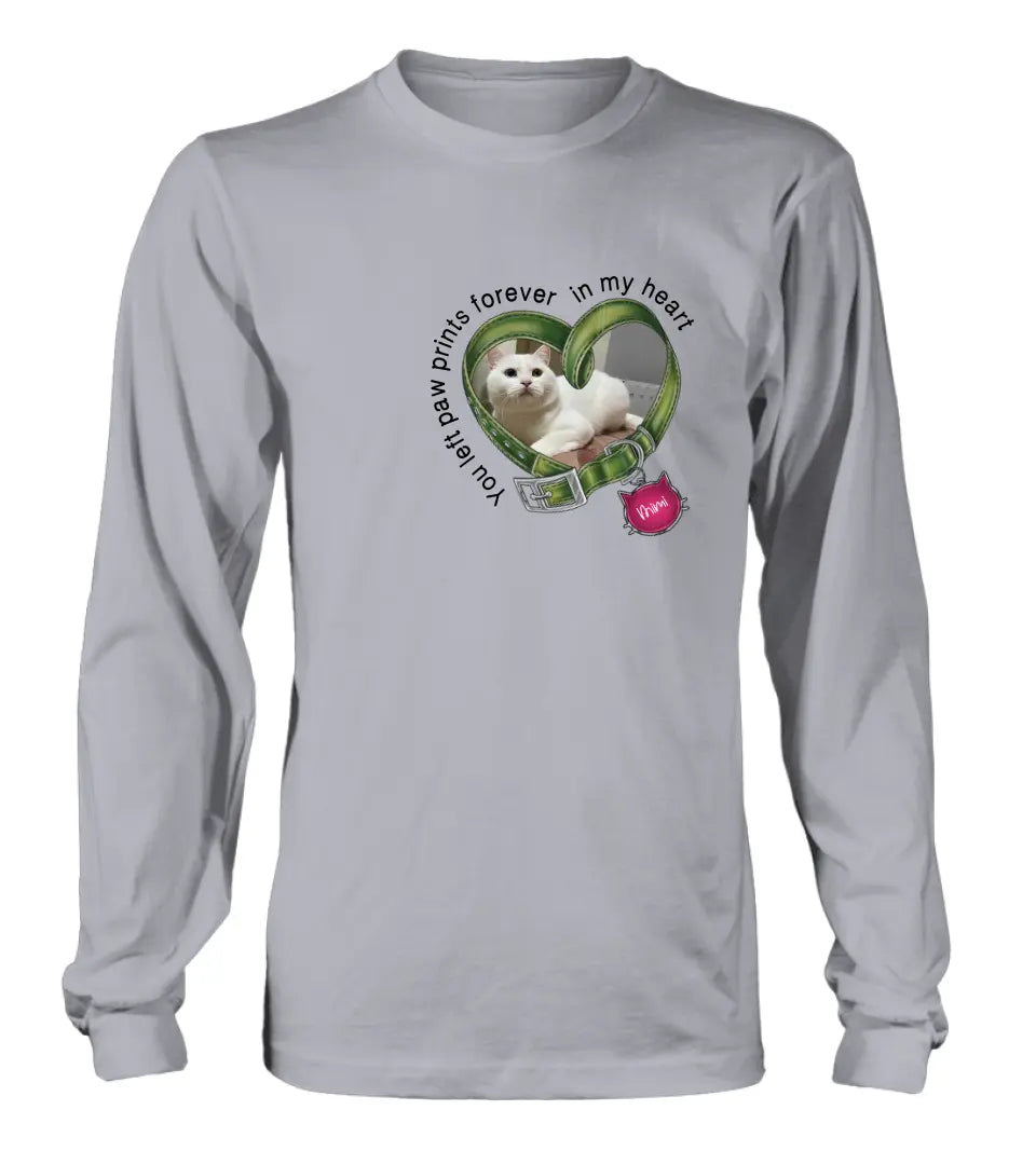 Personalized Memorial Cat Collar T-shirt/Hoodie - Upload Photo - Gift Idea For Cat Lover/Mother's Day/Father's Day - You Left Paw Prints Forever In My Heart