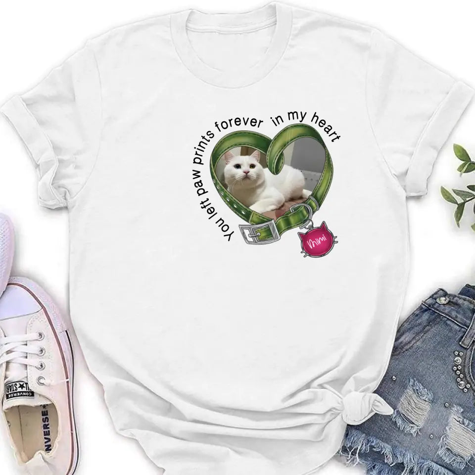 Personalized Memorial Cat Collar T-shirt/Hoodie - Upload Photo - Gift Idea For Cat Lover/Mother's Day/Father's Day - You Left Paw Prints Forever In My Heart