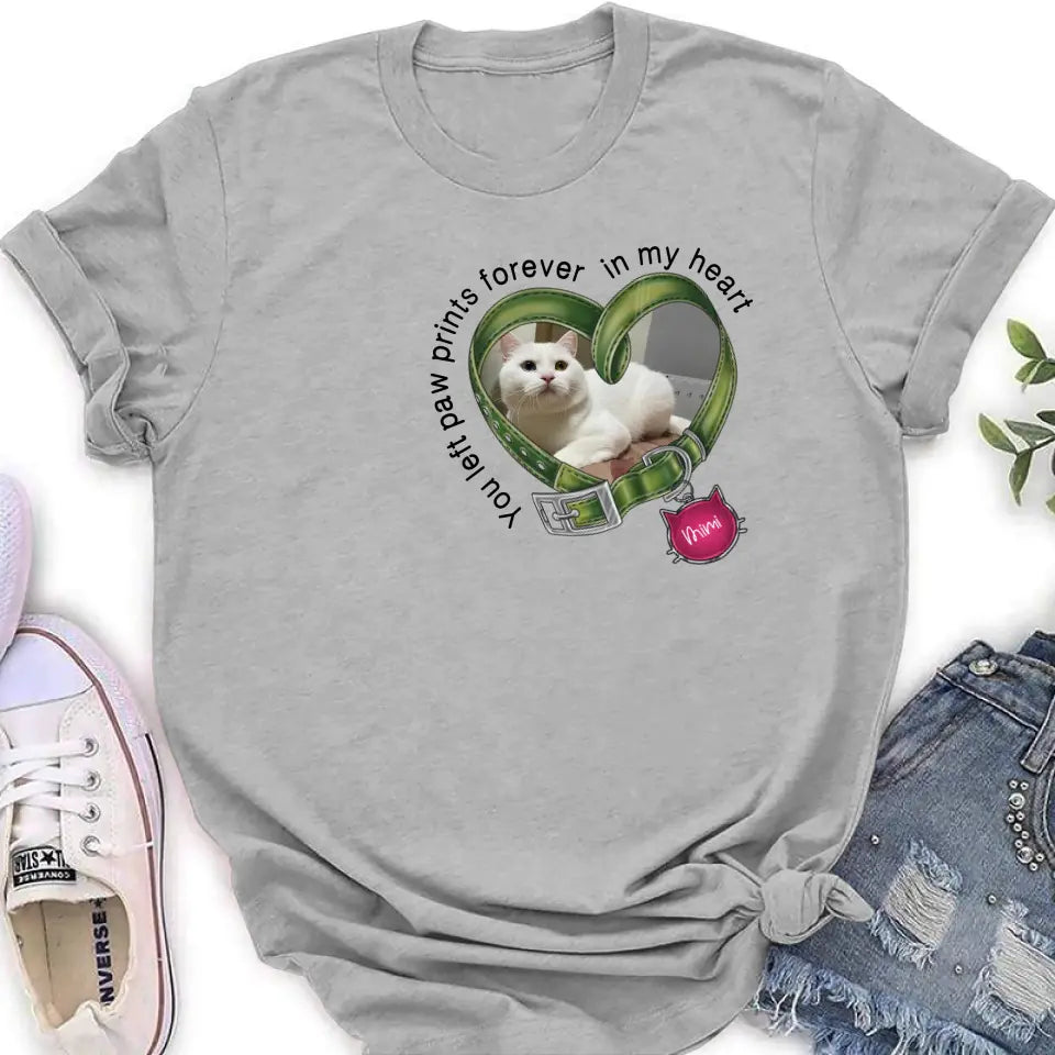Personalized Memorial Cat Collar T-shirt/Hoodie - Upload Photo - Gift Idea For Cat Lover/Mother's Day/Father's Day - You Left Paw Prints Forever In My Heart