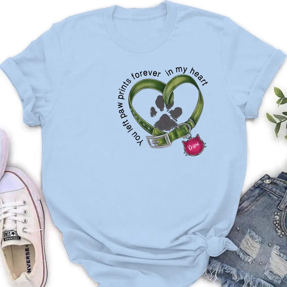 Personalized Memorial Cat Collar Pawprints T-shirt/Hoodie - Gift Idea For Cat Lover/Mother's Day/Father's Day - You Left Paw Prints Forever In My Heart