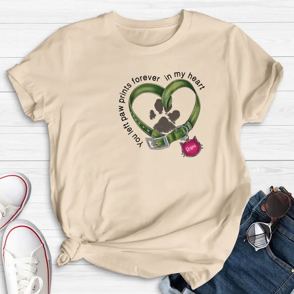 Personalized Memorial Cat Collar Pawprints T-shirt/Hoodie - Gift Idea For Cat Lover/Mother's Day/Father's Day - You Left Paw Prints Forever In My Heart